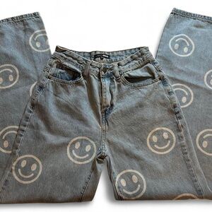 Fashion Nova Blue Smiley Face Flare Jeans